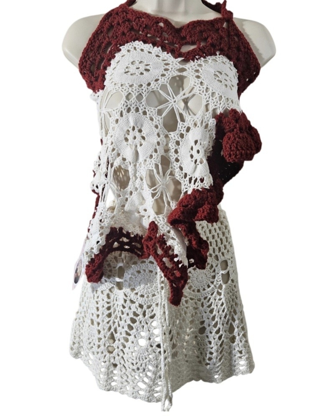 Hand Crafted White Burgundy Crochet Swim Coverup 2 Piece Set - Picture 16 of 17